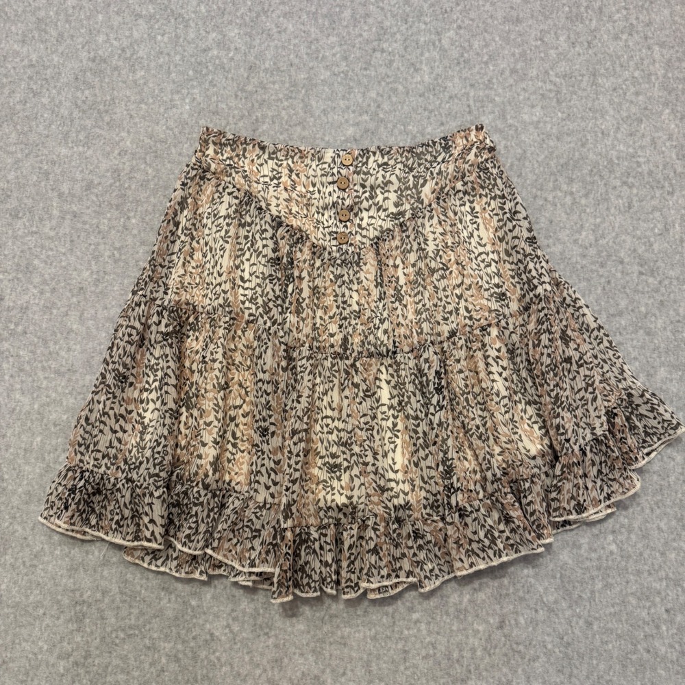 By Together Floral Tiered Mini Skirt Brown Tan Leaf Print Small Boho Cottagecore